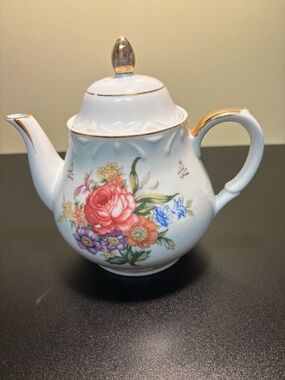 Floral Porcelain Teapot with Gold Trim